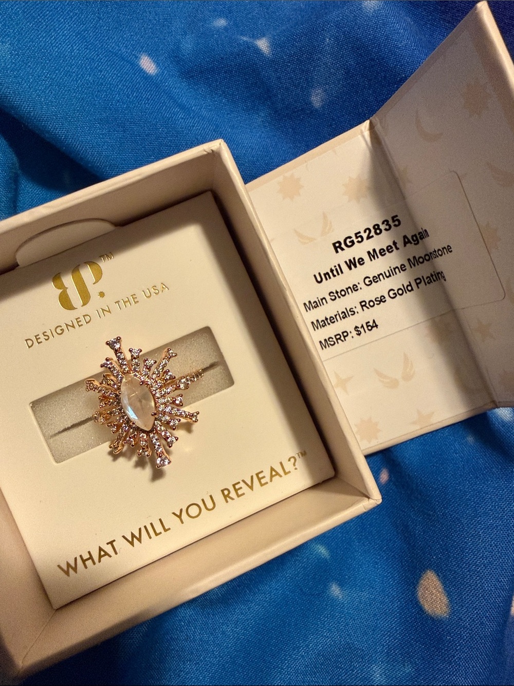 Until We Meet Again Rose Gold Moonstone Starburst Ring